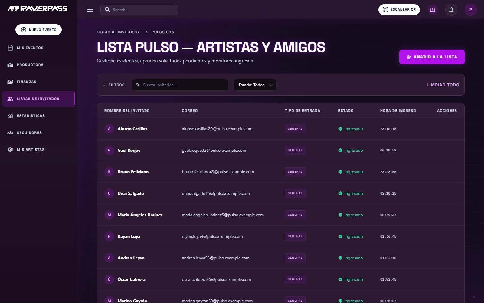 Guestlist de un evento con invitados ingresados y confirmados, y su hora de ingreso.