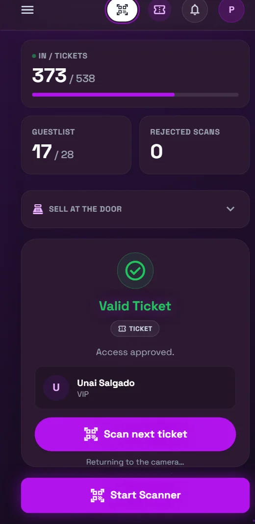 Door scanner on a phone validating a VIP ticket.