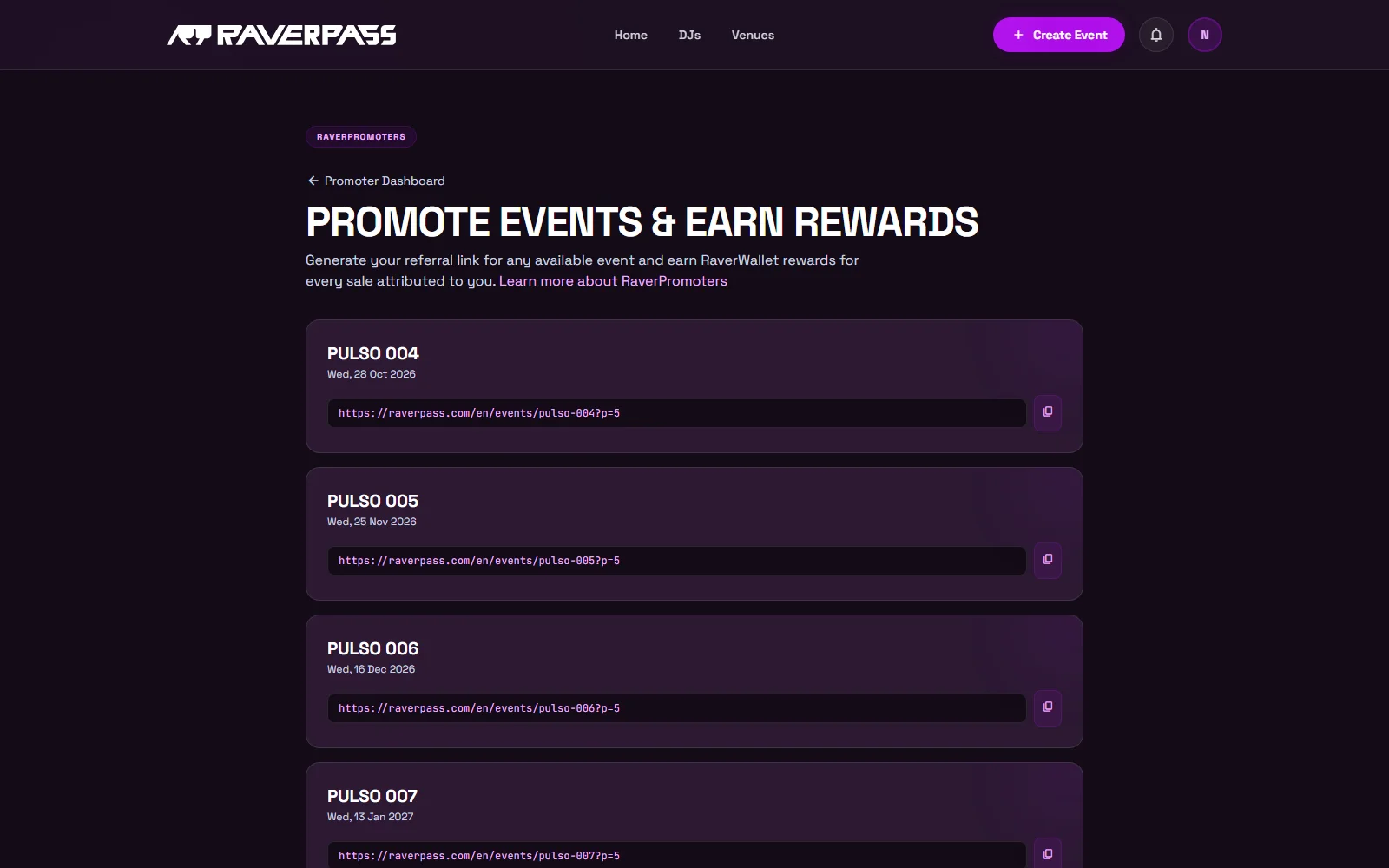 The promoter panel listing the events open to promoters, each with a button to generate a link.