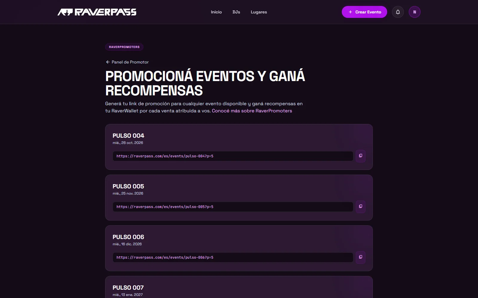 El panel de promotor con los eventos abiertos a promotores y el botón para generar el link de cada uno.