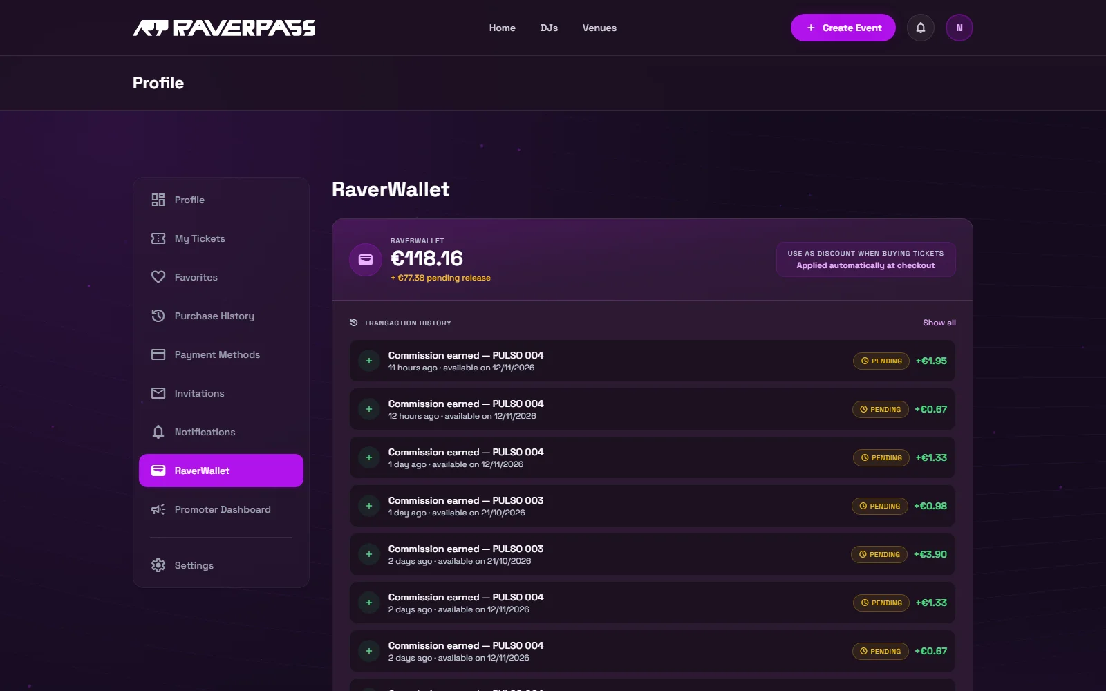 The RaverWallet tab: available balance, pending commissions and the latest movements.