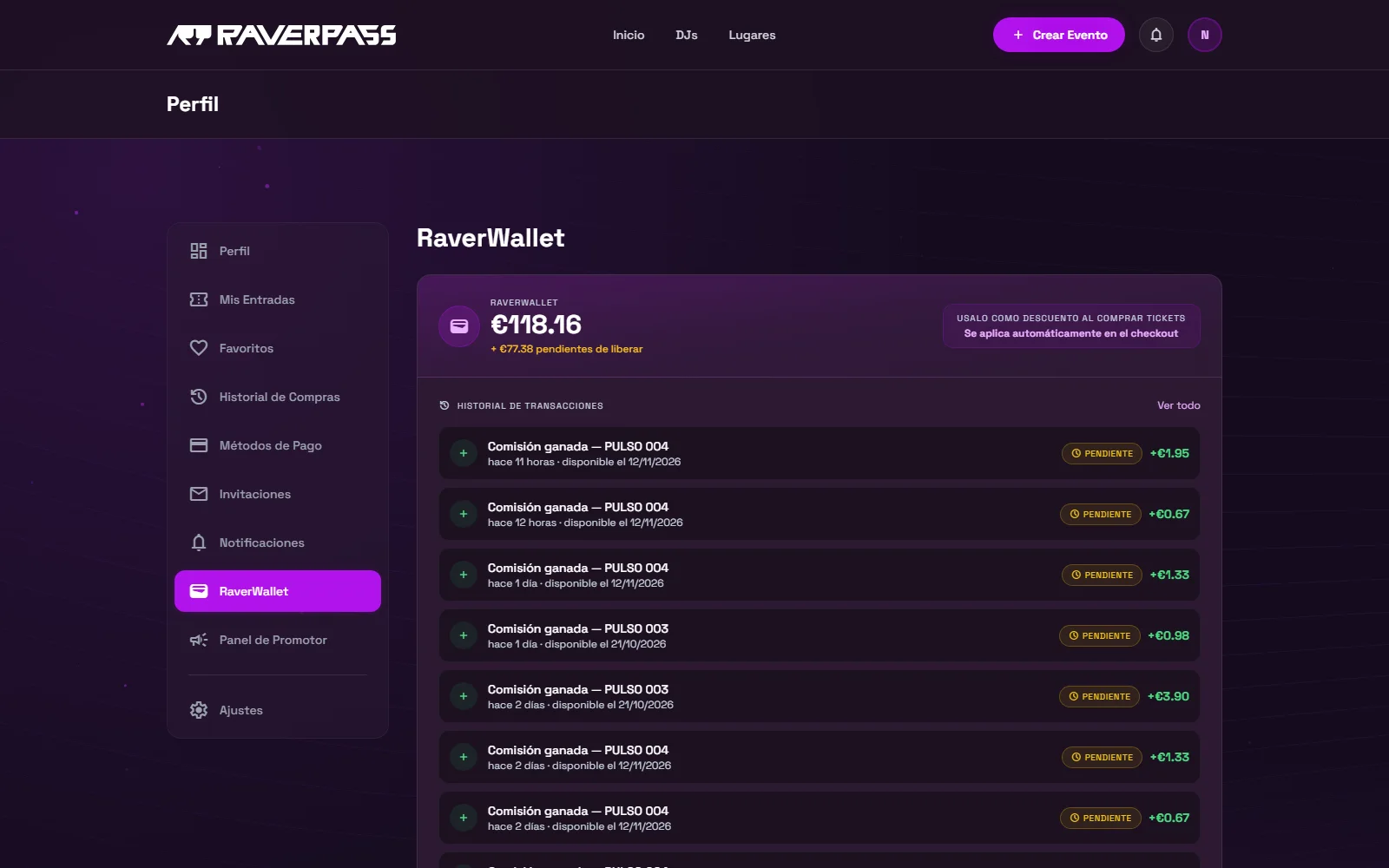 La pestaña de RaverWallet: saldo disponible, comisiones pendientes y los últimos movimientos.